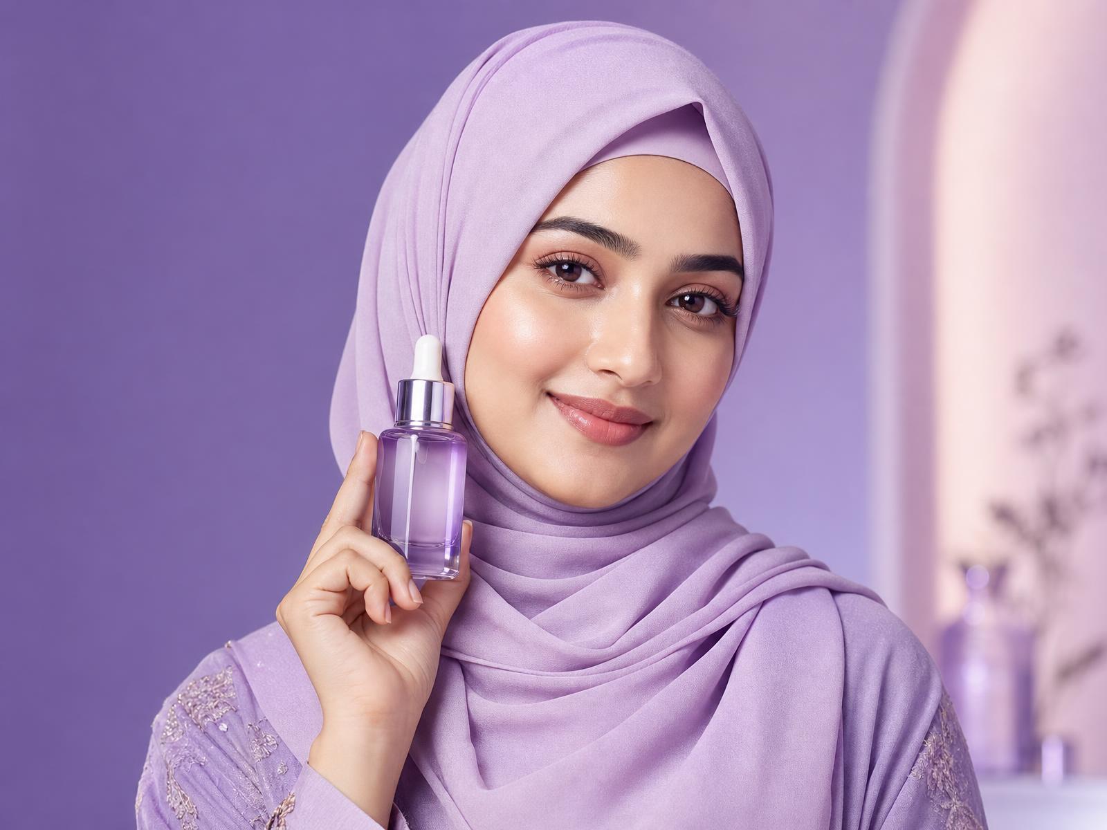 A stylish woman in a lavender hijab holding a Serumion skincare serum